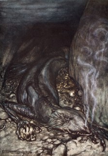 'In dragon's form Fafner now watches the hoard', 1924.  Artist: Arthur Rackham