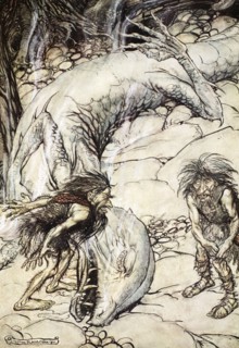 'The dwarves quarrelling over the body of Fafner', 1924.  Artist: Arthur Rackham