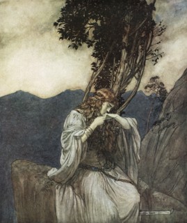 'Brunnhilde kisses the ring that Siegfried has left with her', 1924.  Artist: Arthur Rackham