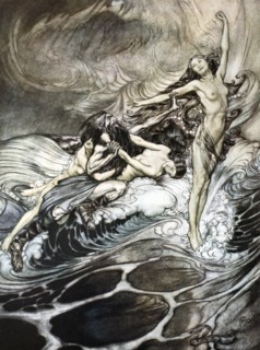 'The Rhine Maidens obtain possession of the ring and bear it off in triumph', 1924.  Artist: Arthur Rackham
