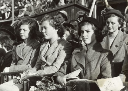 Princesses Desiree, Birgitta and Margaretha of Sweden at a dog show, Stockholm, 1950. Artist: Unknown