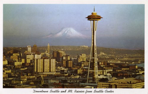 Downtown Seattle and Mount Rainier from the Seattle Center, Washington, USA, 1963. Artist: Unknown