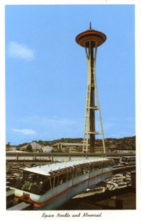 Space Needle and monorail, Seattle Center, Seattle, Washington, USA, 1963. Artist: Unknown