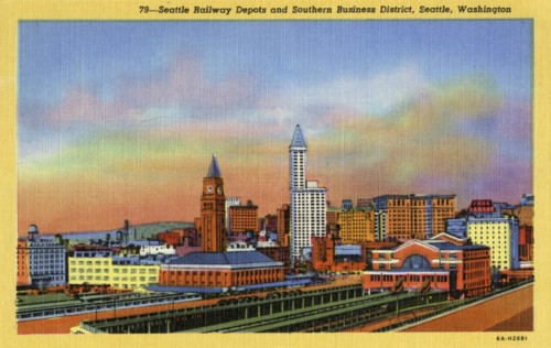 Railway depots and southern business district, Seattle, Washington, USA, 1936. Artist: Unknown