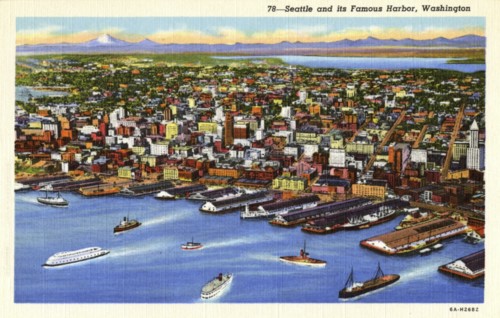 Seattle and its harbour, Washington, USA, 1936. Artist: Unknown