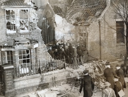 House damaged by a crashed RAF aircraft, Leytonstone, London, World War II, 11 February 1942. Artist: Unknown