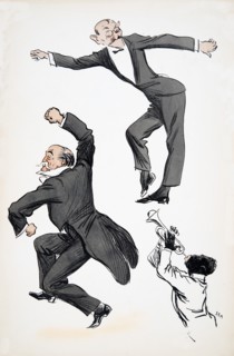 Elderly gentleman in tails and younger gentleman in black tie dance to a musician playing trumpet, f