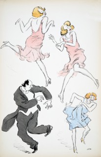 Three illustrations of transvestites in blue and pink dresses dancing with a larger gentleman in whi