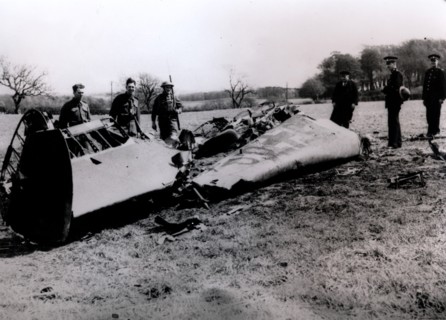 The wreckage of Rudolf Hess's Messerschmidt Bf 110 aircraft, Scotland, World War II, May 1941. Artist: Unknown