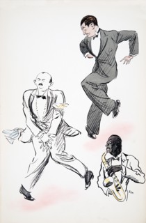 Two gentleman in black tie dancing to jazz, played by a musician on the saxophone, from 'White Botto