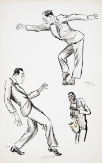 Two gentlemen in black tie perform La Danse Havas to the saxophone, from 'White Bottoms' pub. 1927.