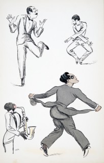 Three gentlemen in Black Tie perform moves from the Charleston to a saxophone, from 'White Bottoms'