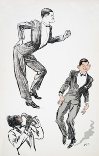 Two men in black tie dance to a musician on the saxophone, from 'White Bottoms' pub. 1927.