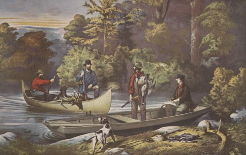 Life In The Woods, 'Returning to Camp' , pub. 1860, Currier & Ives (Colour Lithograph)