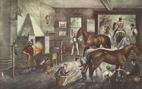 'Trotting Cracks' at the Forge, pub. 1869, Currier & Ives (Colour Lithograph)
