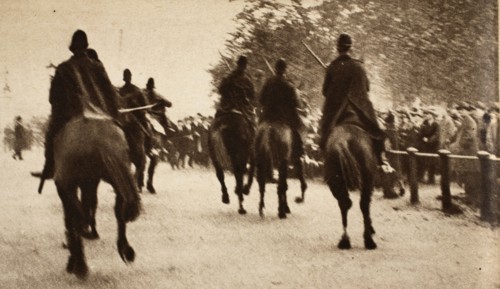 Police on Horseback controling crowds during the Great Strike at Hyde Park Corner, pub. 1926 (photog