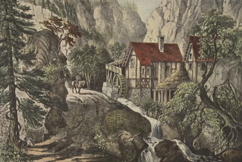 Puzzle Picture - Old Swiss Mill, pub. 1872, Currier & Ives (Colour Lithograph)