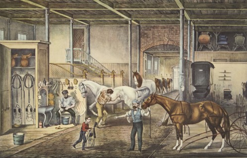 'Trotting Cracks' At Home, A Model Stable, pub. 1868, Currier & Ives (Colour Lithograph)