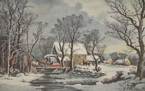 Winter In The Country - The Old Grist Mill, pub. 1864, Currier & Ives (Colour Lithograph)