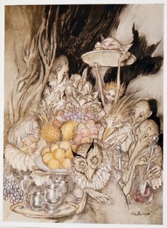 Enter several strange Shapes, bringing in a banquest ?.inviting the King, etc. to eat, illustration
