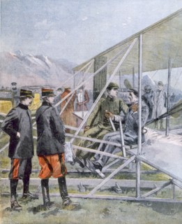 Wilbur Wright showing the King of Spain how is plane operates, from Petit Journal pub. March 1909 (c