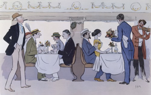Restaurant Car on the Paris to Nice Train, pub. 1913 (colour lithograph)