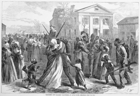 Mustered Out  Colored volunteers at Little Rock, Arkansas, from Harper's Weekly, pub. 1866 (engrav