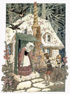 Hansel and Grethel from Grimms Fairy Tales, pub. 1911 (colour lithograph)