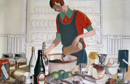 Making the Empire Christmas Pudding, c. 1920'S  (colour lithograph) Artist: FC Harrison.