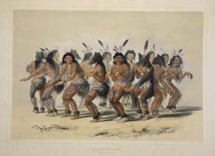 The Bear Dance, pub. 1845 (colour lithograph). Creator: George Catlin (1796 - 1872).