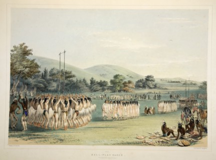 Ball-Player Dance, pub. 1845 (colour lithograph). Creator: George Catlin (1796 - 1872).