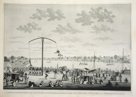 View on the Banks of the Ganges with representation of the Churruck Poojah ?, pub. 1810 (engraving). Creator: James Moffat (1775 - 1815).