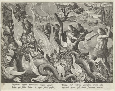 Catching Serpents in India Using Clubs and Torches to Light the Undergrowth, pub. 1640 (engraving). Creator: Straet, Jan van der (Joannes Stradanus) (1523-1605).