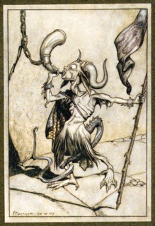 Ere the horn at the Gate of the Barbican Tower, was blown with a loud twenty-trumpeter power, 1907 Creator: Arthur Rackham (1867 - 1939).
