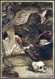 The little man had seated himself in the centre of the circle upon the large skull, pub. 1907. Creator: Arthur Rackham (1867 - 1939).