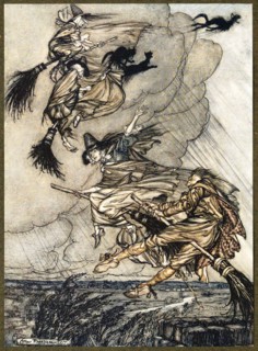 Hey! Up the chimney, lass! Hey, after you!, from The Ingoldsby Legends, pub. 1907. Creator: Arthur Rackham (1867 - 1939).