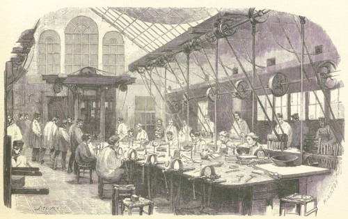 Silversmiths at work at the Christophle Flatware Factory in Paris, pub. 1875. Creator: Edmond Morin (1824 - 1882).