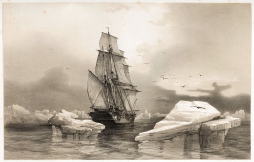 Corvettte La Recherche near Bear Island on 7th August, 1838,  from Voyages en Scandinavie, 1852. Creator: Francois Auguste Biard (1798 - 1882).