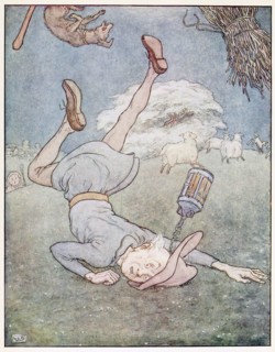 The man in the moon came tumbling down, from A Nursery Rhyme Picture Book, pub. 1914. Creator: Leonard Leslie Brooke (1862 - 1940).