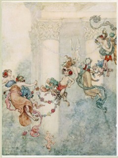 Puck: She never had so sweet a changeling, from A Midsummer Nights Dream, pub. 1914. Creator: Wiliam Heath Robinson (1872 - 1944).