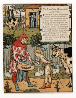 Jack sells his cow for beans, from The Blue Beard Picture Book, pub. 1879 (colour lithograph), 1879. Creator: Walter Crane (1845 - 1915).