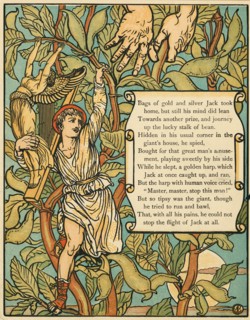 Jack descending the Beanstalk from Jack and the Beanstalk pub. 1875 (colour lithograph), 1875. Creator: Walter Crane (1845 - 1915).
