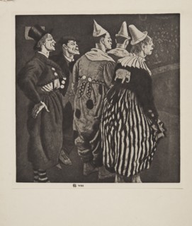 Five Clowns, pub. 1926. Creator: Laura Knight (1877 - 1970).