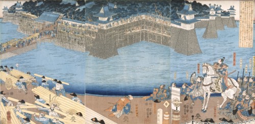 Triptych showing a fort being built by River Kunigos,  Edo period (1603-1868). Creator: Japanese School (Edo Period).