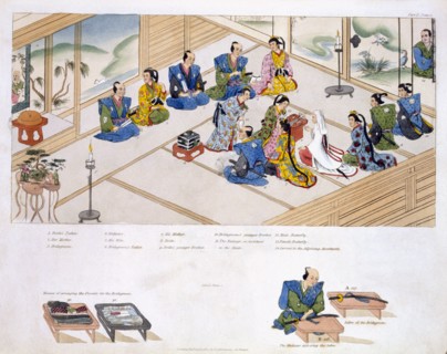 Japanese Marriage: the two families meeting, with mediator; pub. 1824. Creator: Japanese School (19th century).