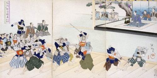 Warlord watches Samurai practising their Swordplay, 19th Century. Creator: Japanese School (19th century).