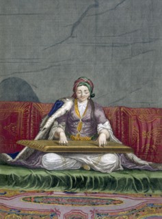 Turkish girl playing a keyboard plucking instrument, pub. 1707-08. Creator: Charles de Ferriol (1652-1722).