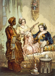 The Cup of Coffee: Two women taking coffee and smoking hubble-bubble, pub. 1865. Creator: Amadeo Preziosi (1816-82).