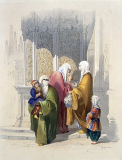 Street scene with passers-by including a poor black African woman and child, pub. 1865. Creator: Amadeo Preziosi (1816-82).