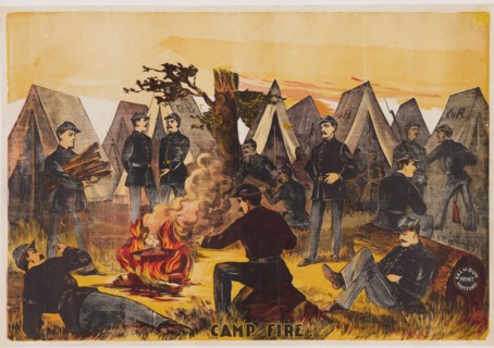 Camp Fire, pub. c1865 (colour lithograph) Creator: American School (19th Century).